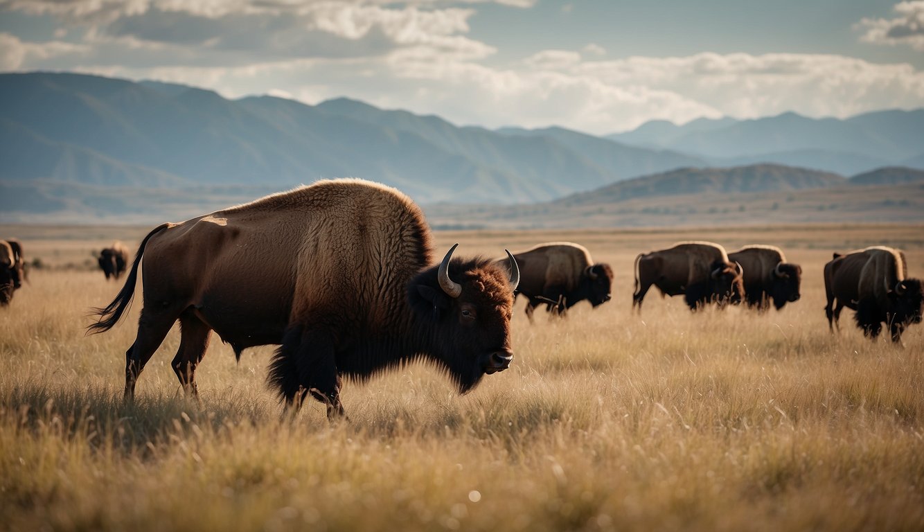 A herd of bison roam the vast prairie, grazing on the tall grass under the open sky, with mountains in the distance