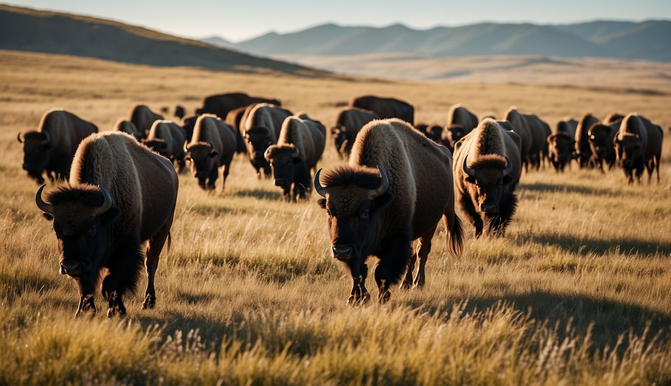 A herd of bison roam across the open prairie, grazing on the lush grasses under the bright blue sky.

The sun casts long shadows as the majestic animals move in unison