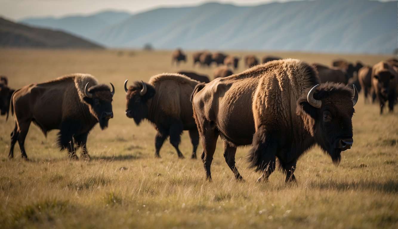 A herd of bison roam the grassy plains, grazing peacefully in their natural habitat.

The dominant male stands tall, overseeing the group's movements, while the females and young calves stick close together, forming a protective circle within the herd