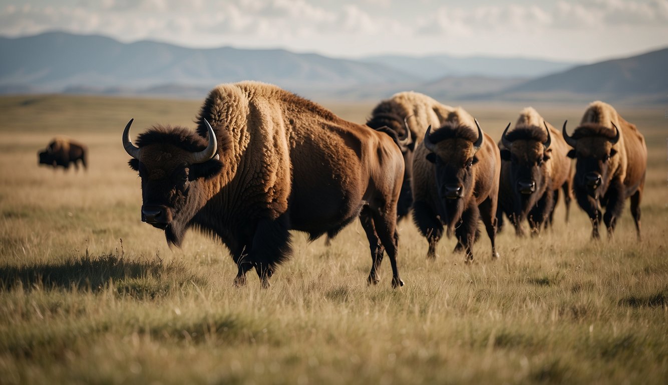 A herd of bison roam across a vast grassland, their powerful bodies and shaggy coats standing out against the open sky.

They graze peacefully, embodying the resilience and majesty of these iconic American animals
