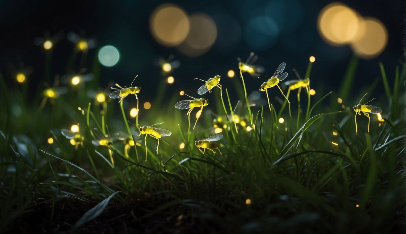 Fireflies emit a soft, greenish glow, illuminating the dark night.

Their tiny bodies flicker like stars in the grass, creating a magical and enchanting scene