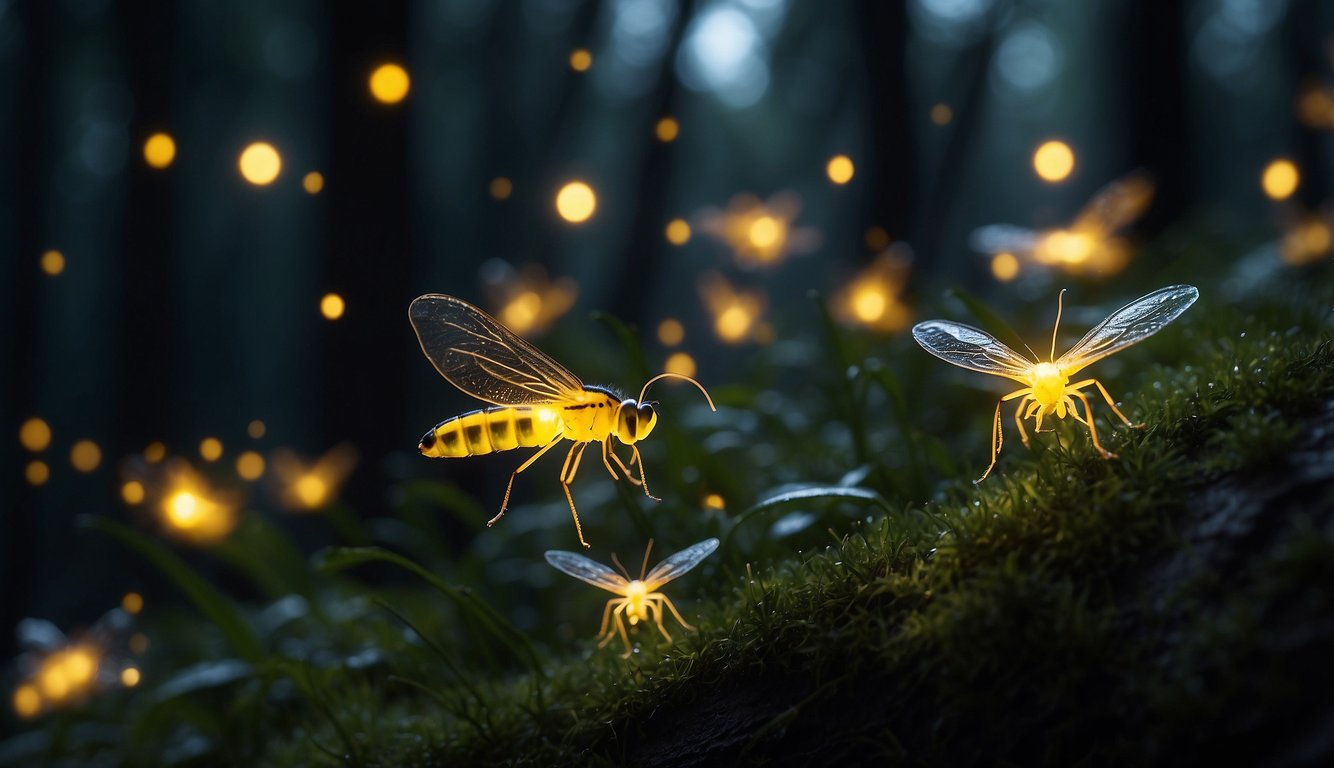 Fireflies emit rhythmic flashes of light, communicating with each other in the dark night.

The glowing patterns create a mesmerizing display in the dimly lit forest