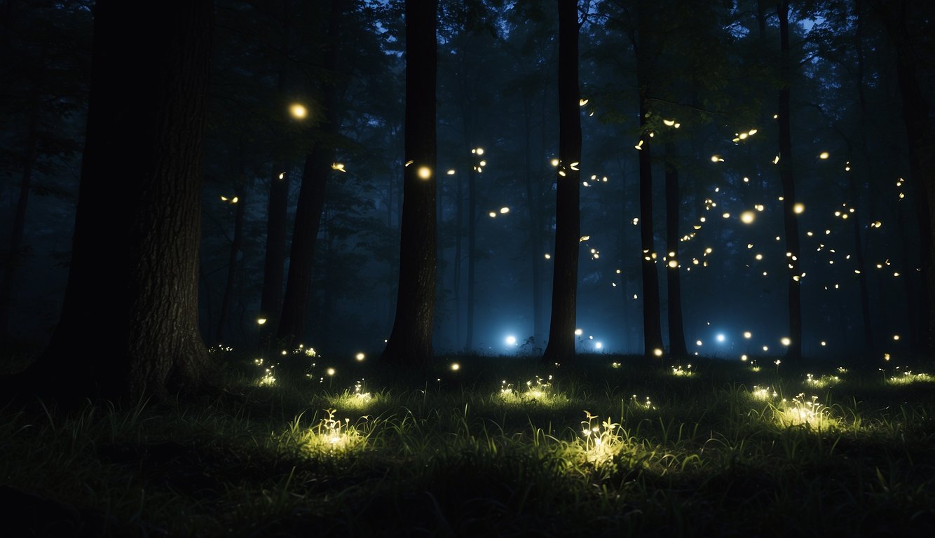 A dark, wooded area at night, with fireflies illuminating the surroundings with their bioluminescent glow