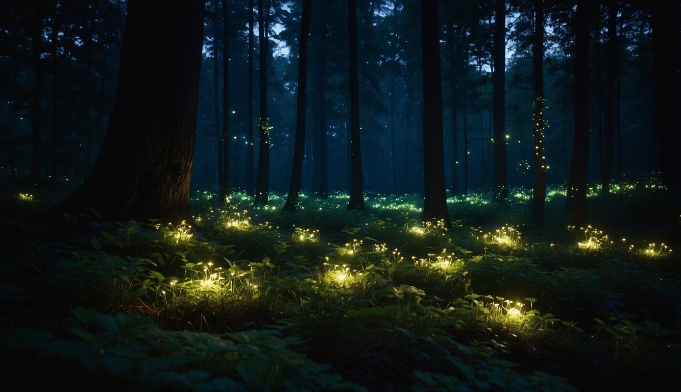 A dark forest at night, with fireflies glowing and illuminating the surroundings with their bioluminescent light