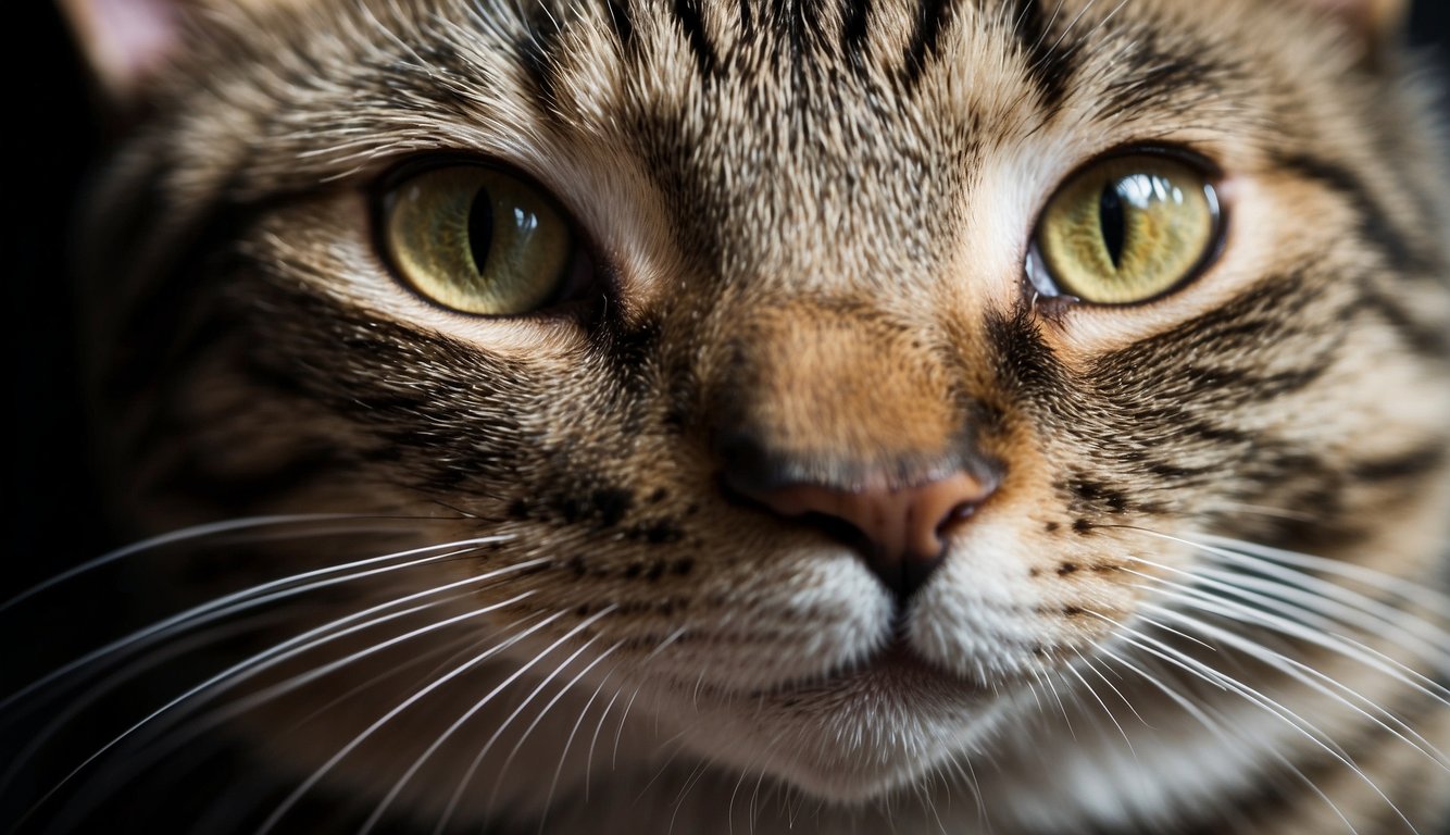 A cat's whiskers grow from the sides of its nose, extending outward in a symmetrical pattern.

The whiskers are long, straight, and thick, with a slightly curved appearance. They are evenly spaced and protrude outwards in all directions