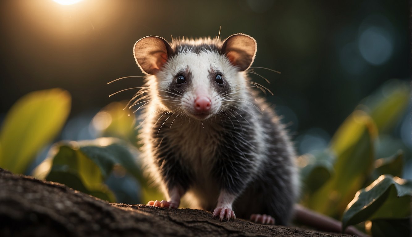 An opossum standing proudly, surrounded by a glowing shield of protection, warding off harmful viruses and bacteria