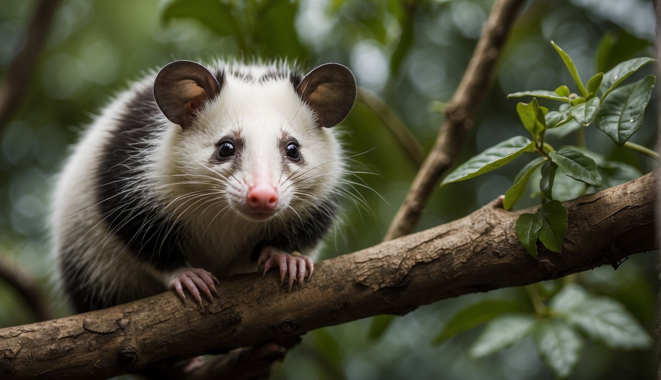 The opossum sits perched on a tree branch, surrounded by various plants and insects.

It appears alert and curious, with its distinctive white face and long, hairless tail. The scene conveys a sense of the opossum's role