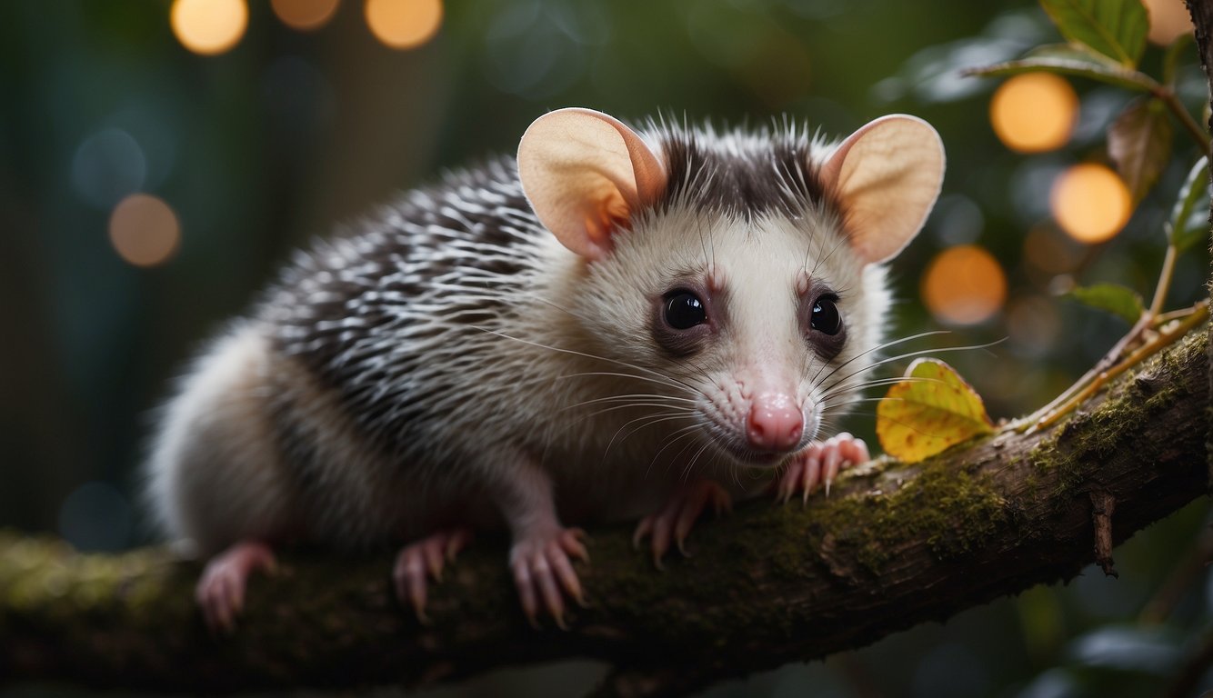 Opossums surrounded by glowing immune cells, showcasing their superpower to fight off diseases and infections