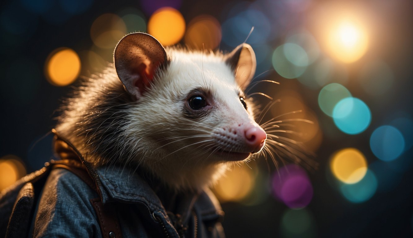 An opossum stands confidently, surrounded by a glowing aura, with a shield of vibrant colors emanating from its body, symbolizing its immune superpowers