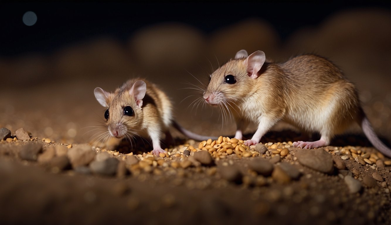 Kangaroo rats forage for seeds in the desert at night, storing them in their cheek pouches for later consumption.

They rely on metabolic water produced from digesting the seeds to survive without drinking water