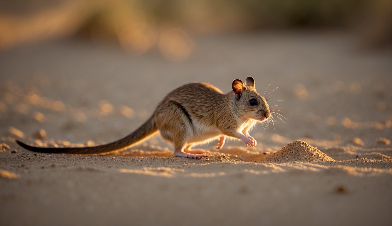 A kangaroo rat hops across the desert sand, its large hind legs propelling it forward.

It digs burrows for shelter and stores seeds in its cheek pouches. The rat's fur glistens in the moonlight as it forages for