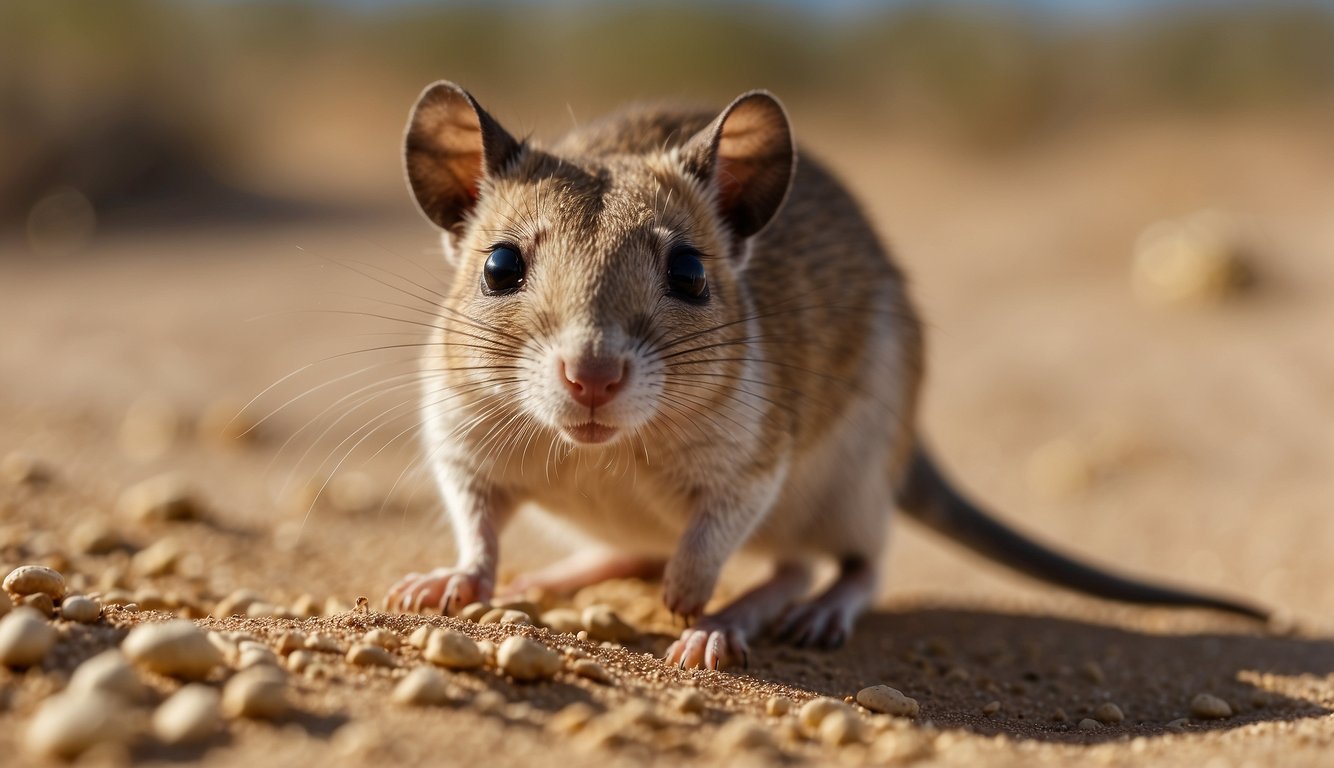 A kangaroo rat hops across the dry desert floor, its large eyes scanning for food.

It digs into the sand, revealing a cache of seeds stored for later