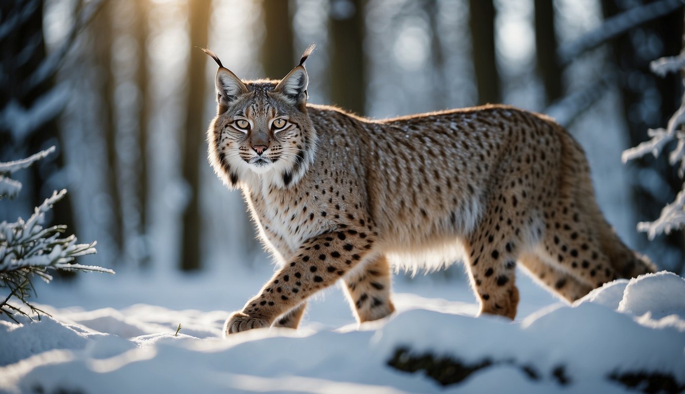 A lynx crouches in the snowy forest, eyes fixed on its prey.

The snow-covered trees create a serene backdrop for the silent hunter