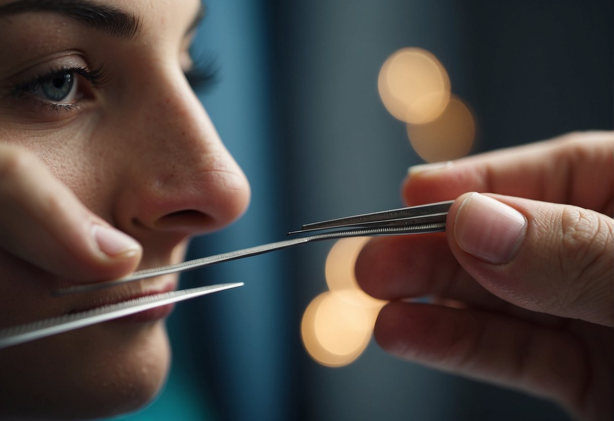 A person holding tweezers, shaping their eyebrows in front of a mirror