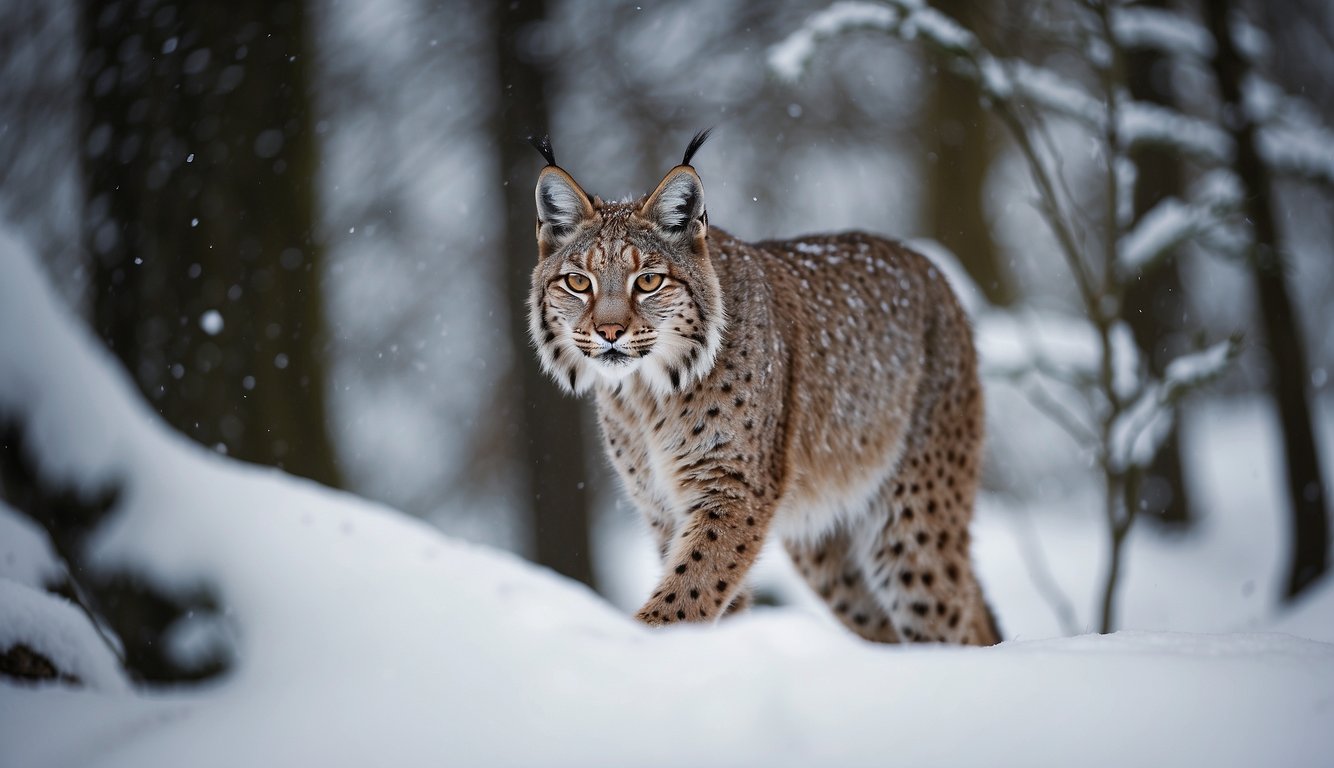 A lynx stealthily stalks through the snowy forest, its keen eyes and pointed ears alert for any sign of prey.

The thick fur on its paws allows it to move silently, blending seamlessly into its wintry surroundings