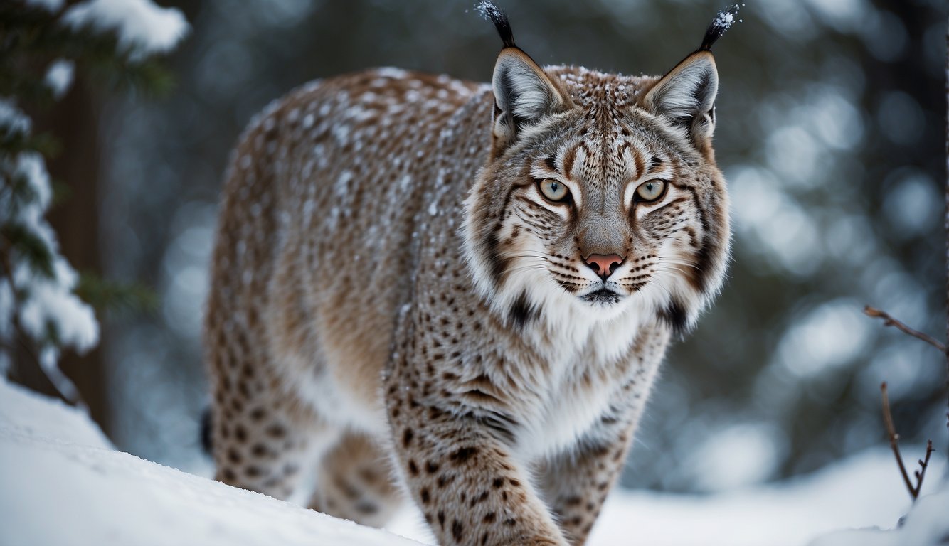 A lynx stalks through a snowy forest, its sleek fur blending seamlessly with the white landscape.

Its piercing eyes scan the surroundings as it moves silently, embodying the essence of a silent hunter