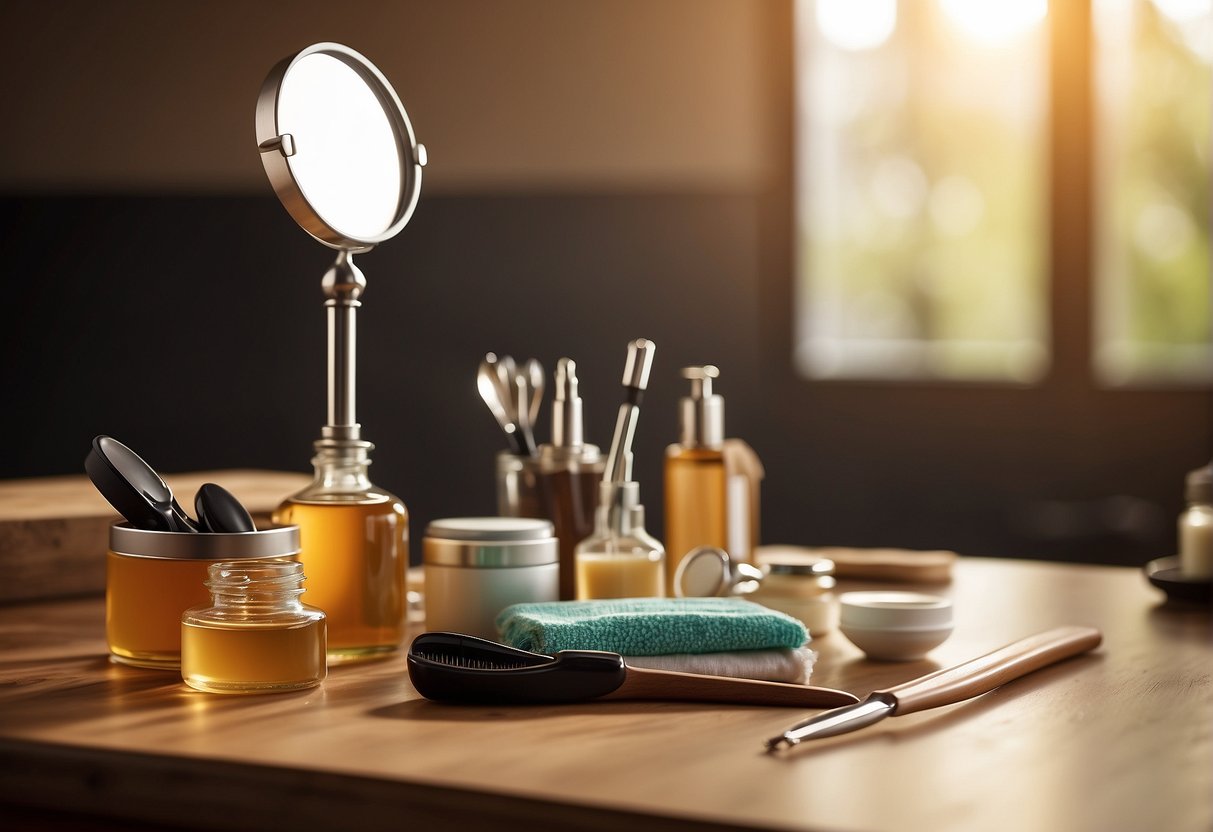 A table with waxing supplies, tweezers, and a magnifying mirror. A warm, well-lit room with soft music playing in the background