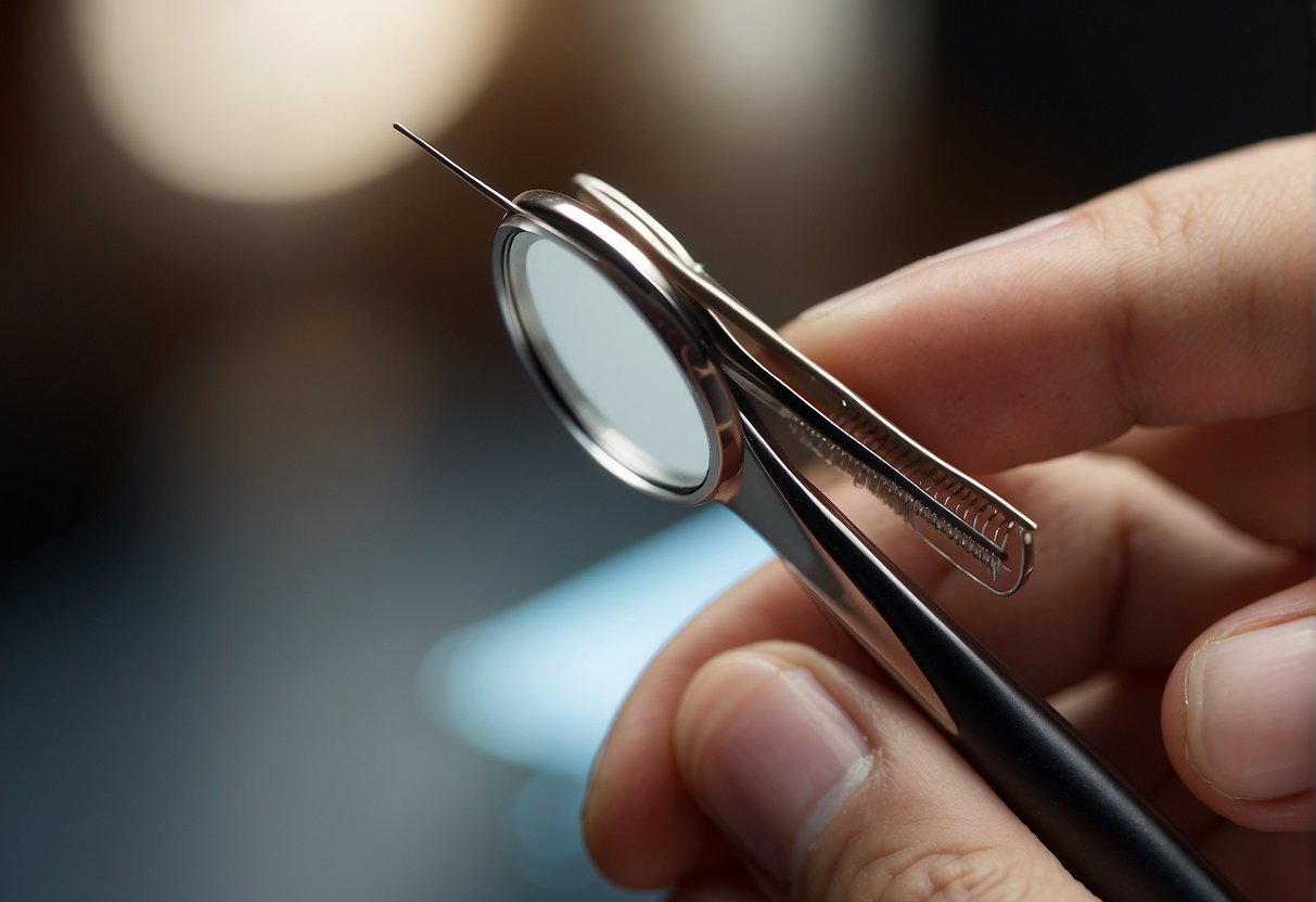 A hand holding tweezers plucking eyebrow hairs with a magnifying mirror and pencil for shaping