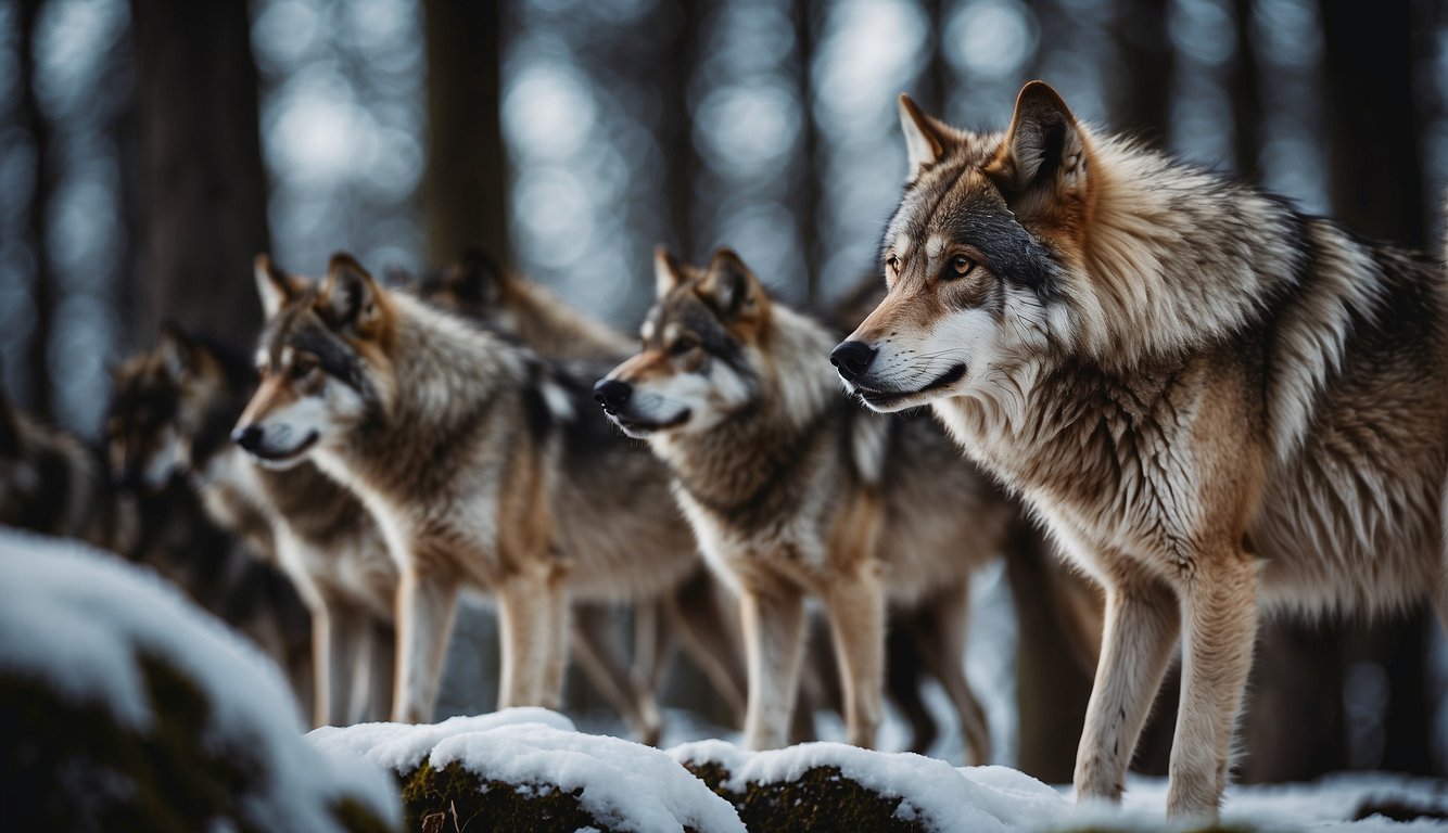 A pack of wolves gathers in a clearing, communicating through howls and body language.

The alpha leads the group, while younger wolves play and learn from the elders