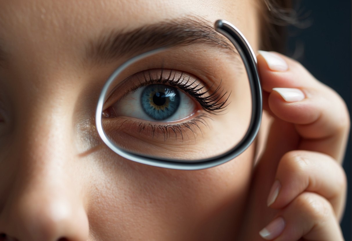 A person holding tweezers, shaping eyebrows with a mirror nearby