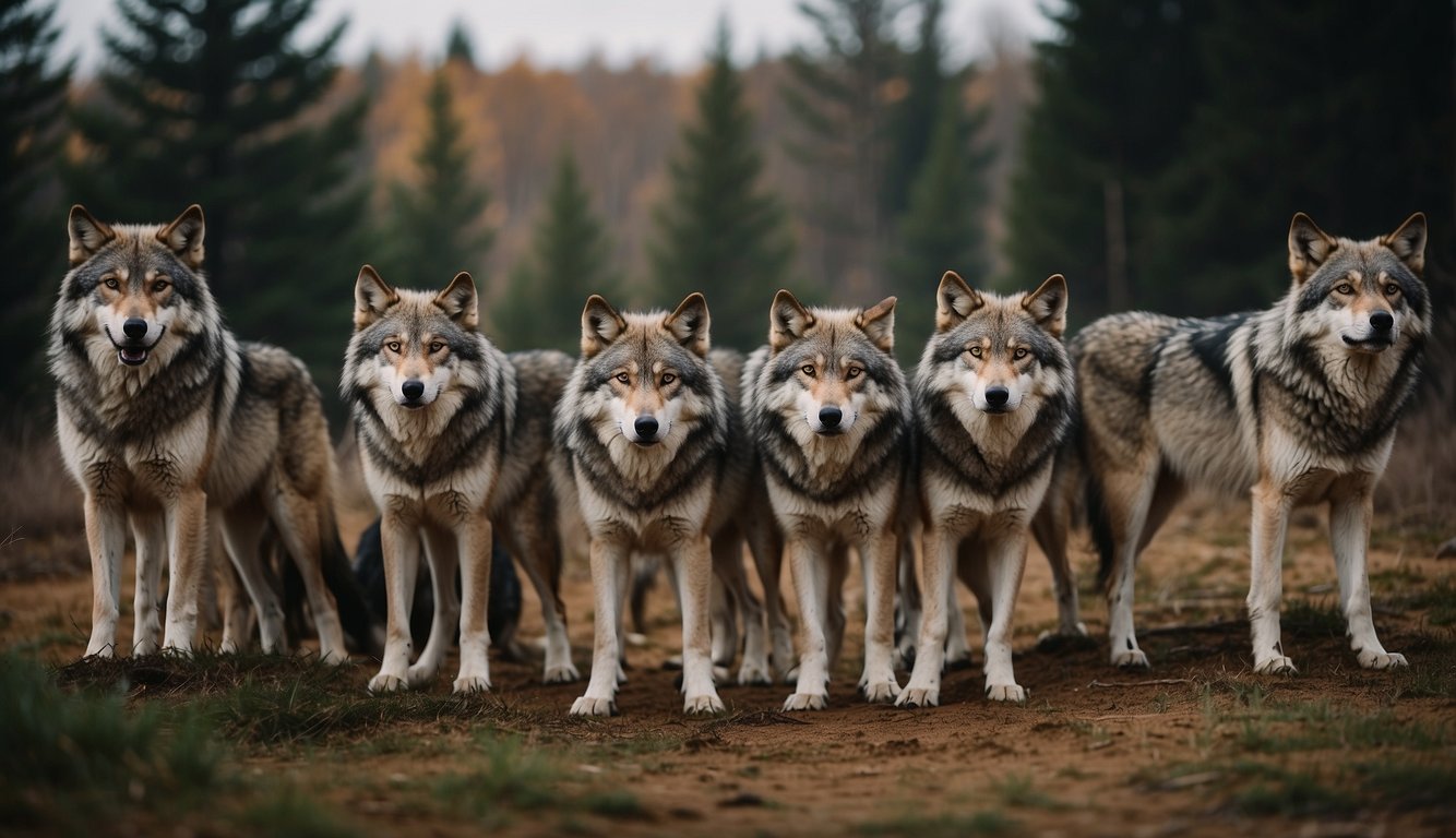 Wolves gather in a circle, heads held high, communicating through body language and vocalizations.

The pack demonstrates unity and social bonds