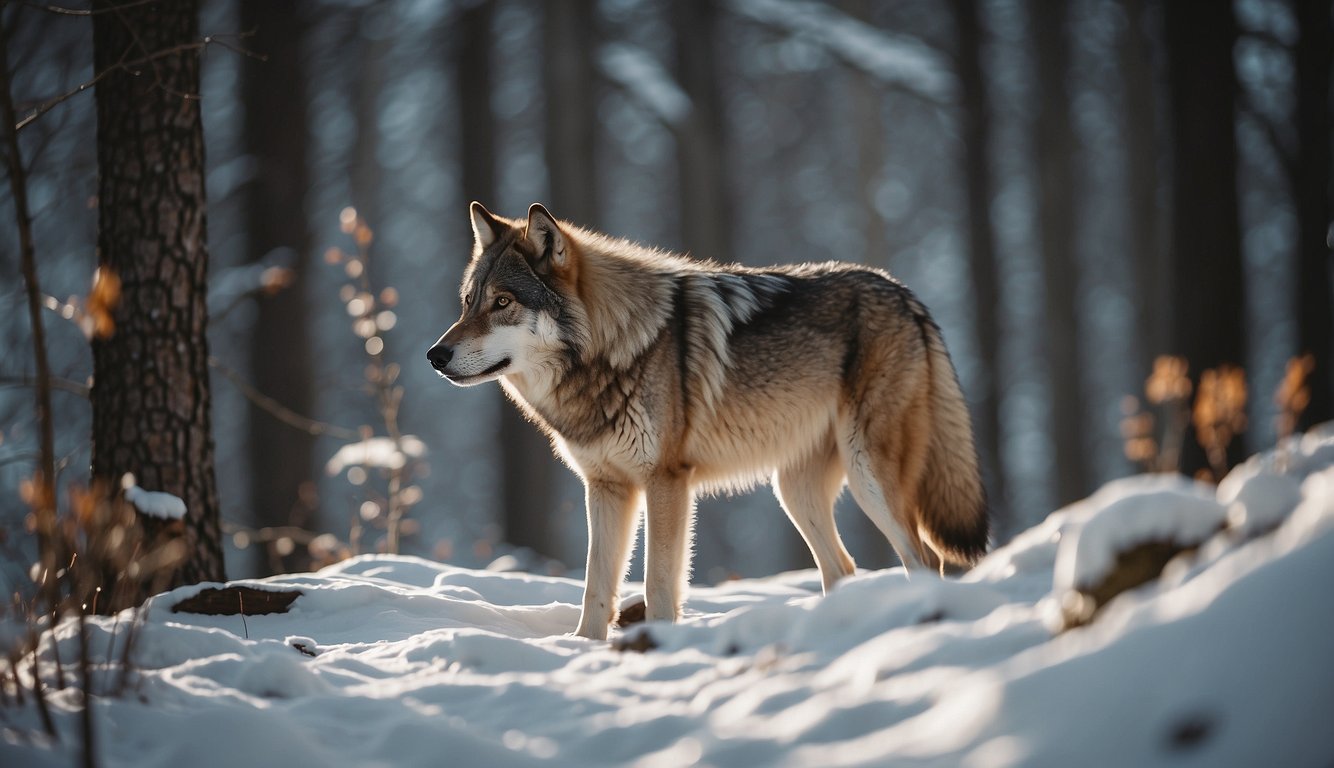 Wolves roam their territory, communicating through howls and body language, as they hunt and establish their pack hierarchy