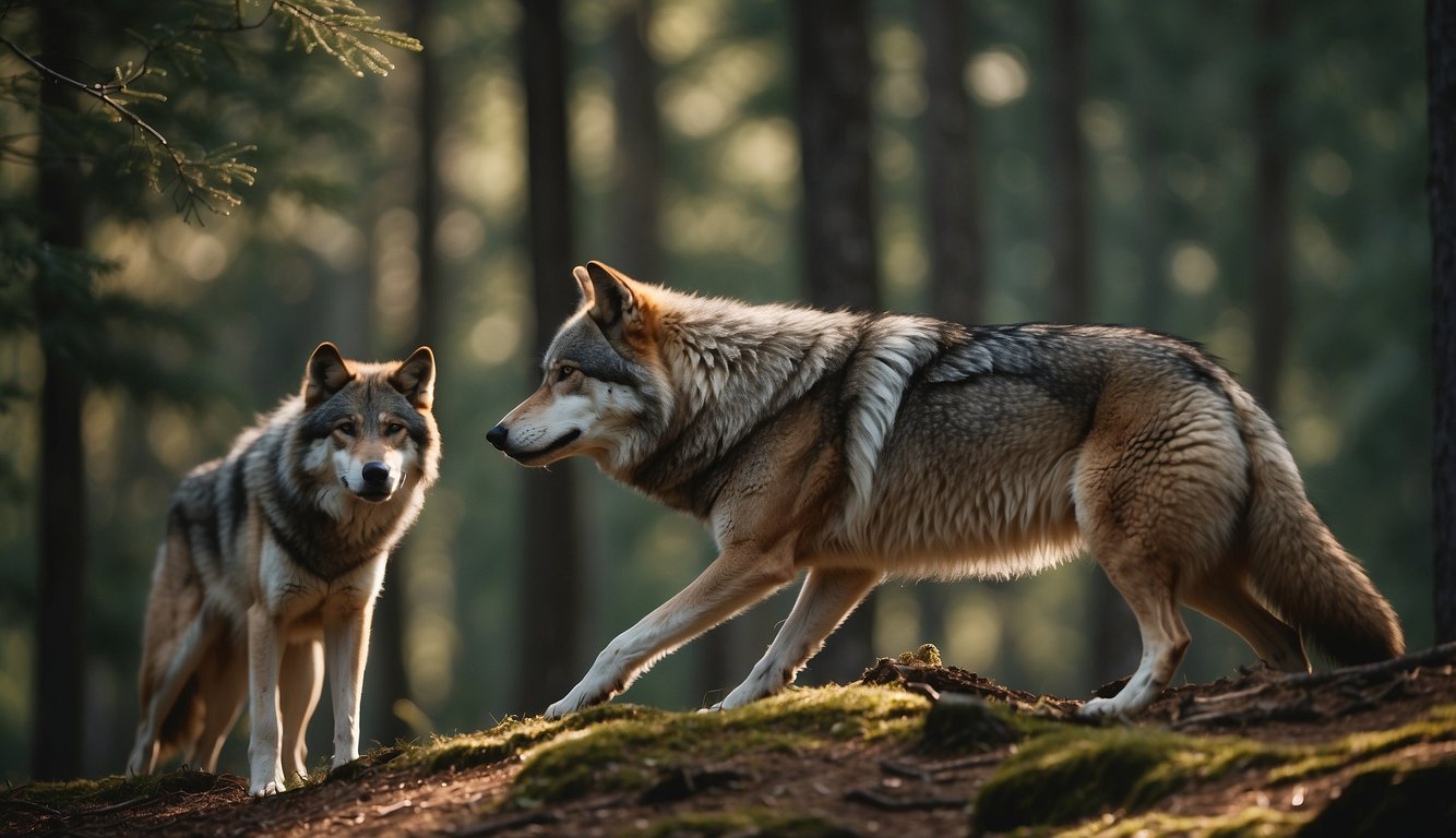 Wolves playfully interact in a forest clearing, pups frolic and explore while adults engage in social bonding and hunting preparations