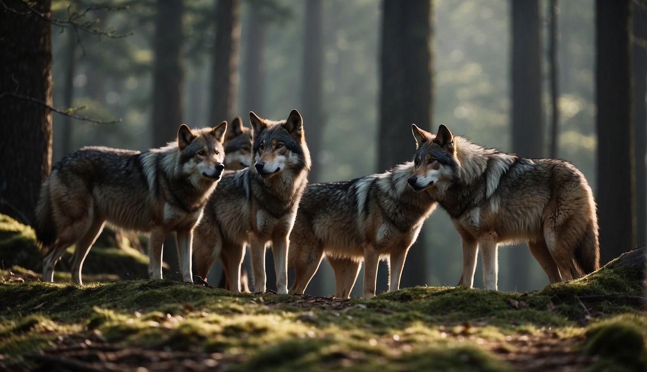 Wolves gather in a forest clearing, interacting and communicating.

Alpha leads, while others play and rest