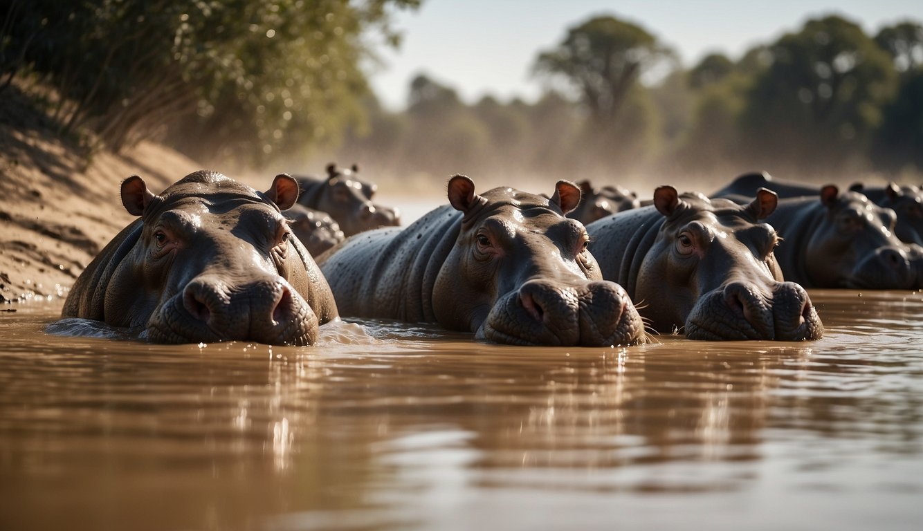 A herd of hippos lounges in a muddy river, their massive bodies partially submerged as they bask in the sunlight.

Water splashes as they play and communicate with each other, showcasing their impressive size and strength