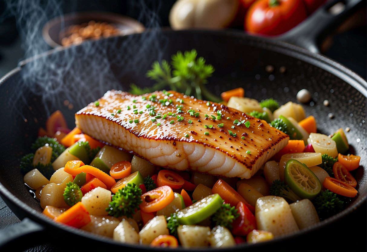 A golden-brown piece of cod fish is sizzling in a wok with a colorful medley of vegetables and aromatic Chinese spices