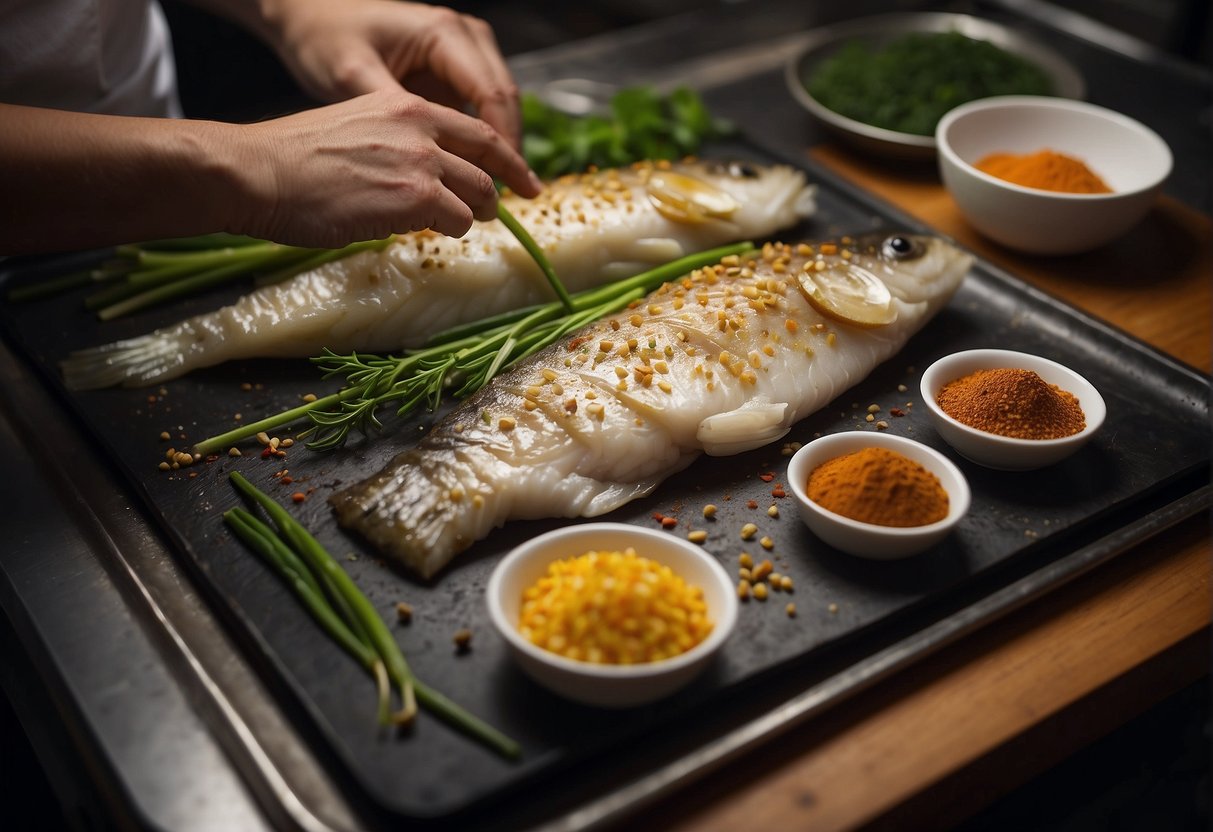 A chef seasons cod fish with Chinese spices, placing it on a baking sheet. Ingredients like soy sauce, ginger, and garlic are neatly arranged nearby