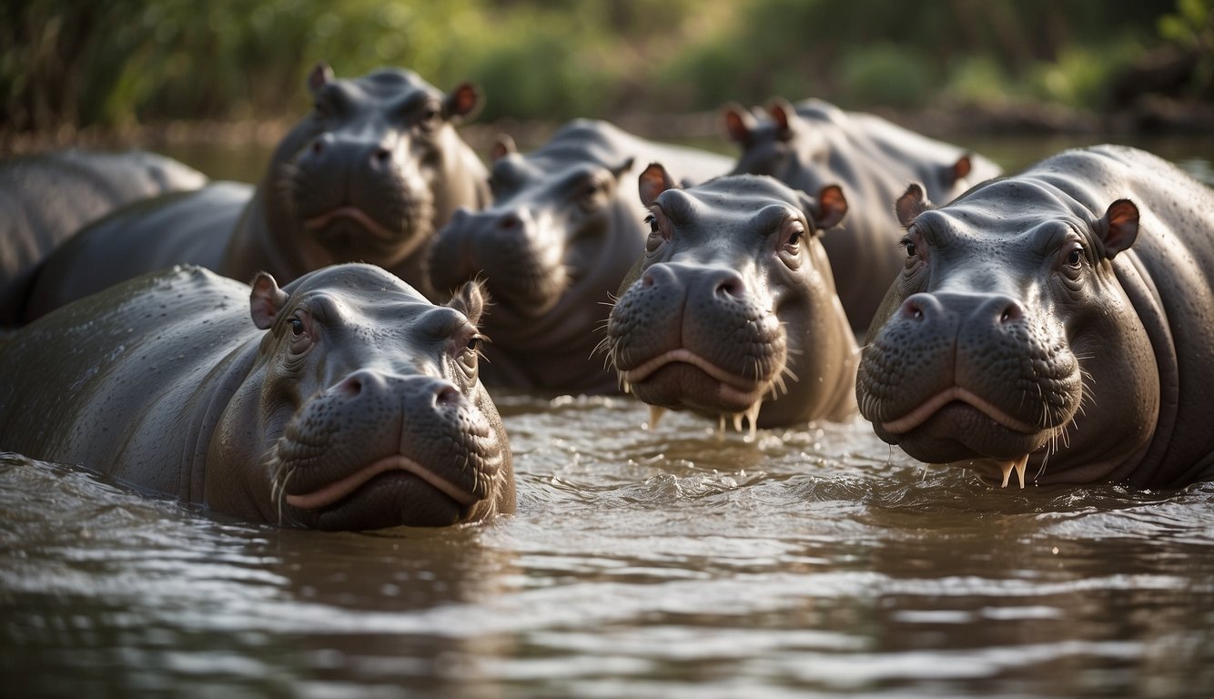 A group of hippos submerged in a river, with their wide mouths open and displaying their massive size and streamlined bodies for aquatic movement