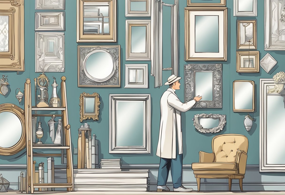 A person standing on a ladder, arranging various decorative elements on a two-story wall, such as frames, mirrors, and shelves