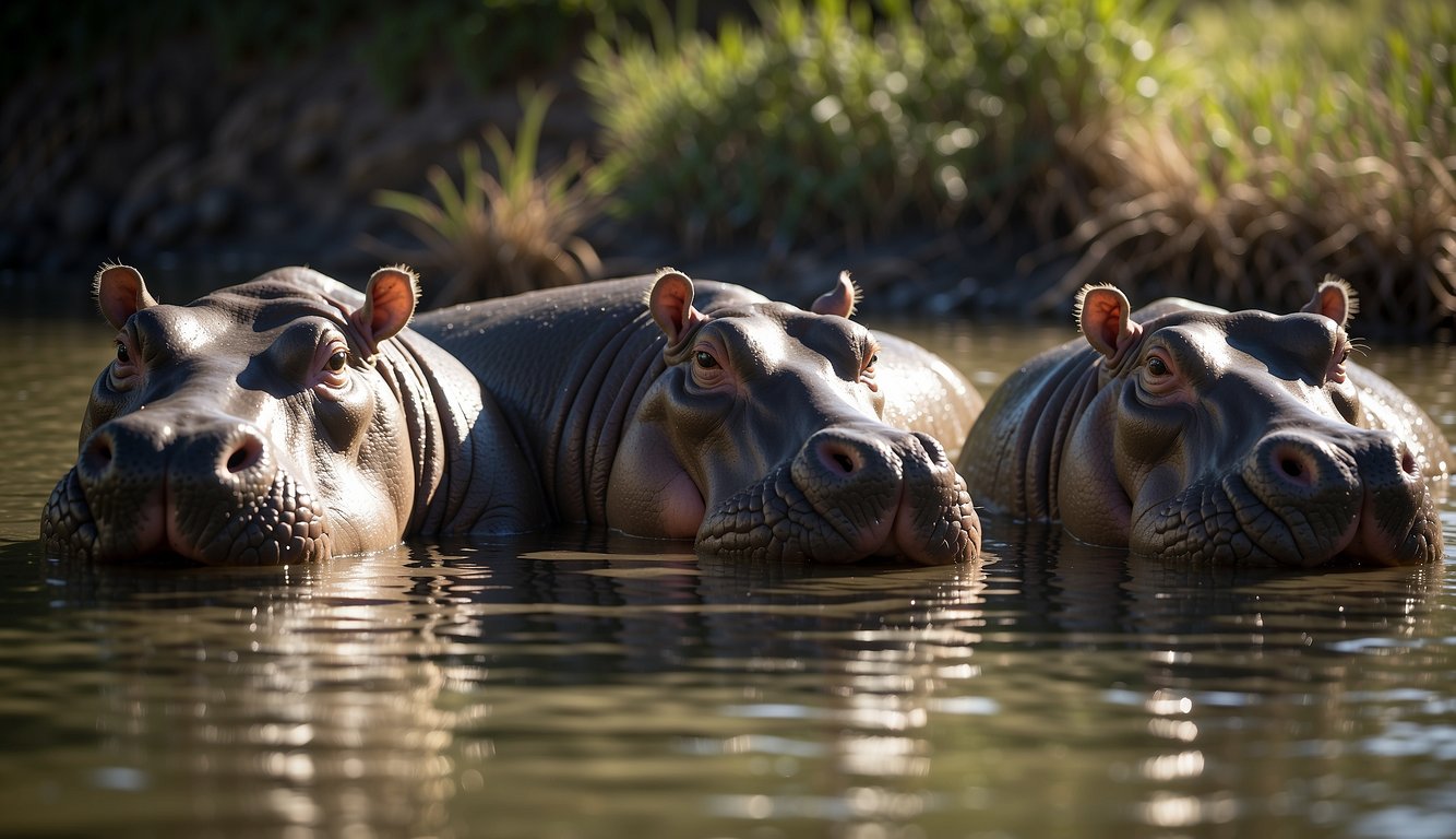 A group of hippos lounges in the shallow waters, basking in the sun while occasionally submerging themselves to cool off.

They communicate through grunts and snorts, maintaining a peaceful social hierarchy within their pod