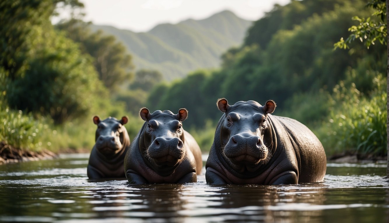 A group of hippos lounging in a river, surrounded by lush vegetation.

Threats like pollution and habitat loss loom in the background