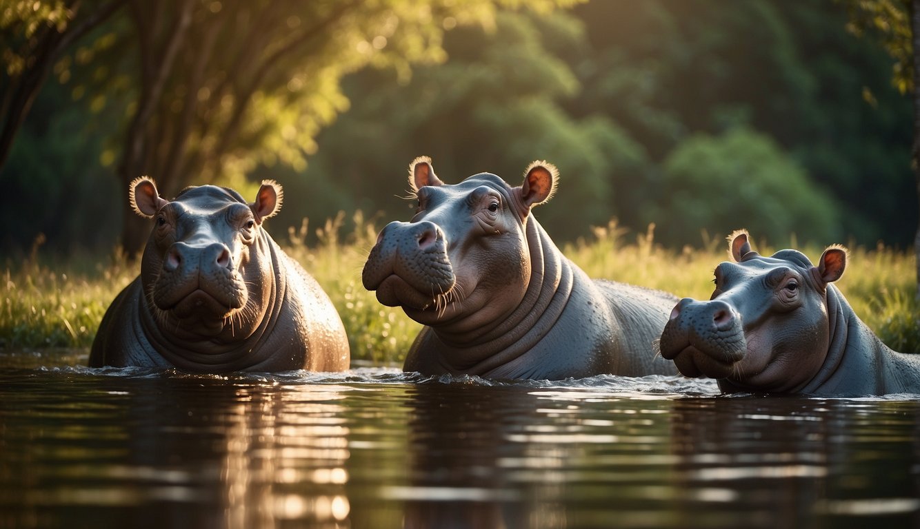 A group of hippos lounging in a river, surrounded by lush green vegetation and calm water, with the sun casting a warm glow on their massive bodies