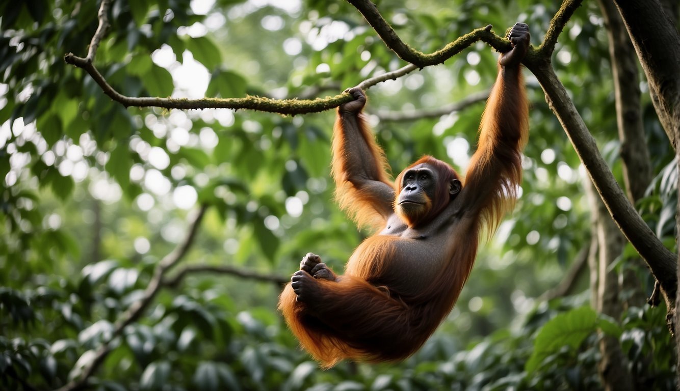 Orangutans swing effortlessly through lush treetops, using vines and branches as their own personal jungle gym.

Their long, agile bodies navigate the canopy with ease, showcasing their mastery of the treetops