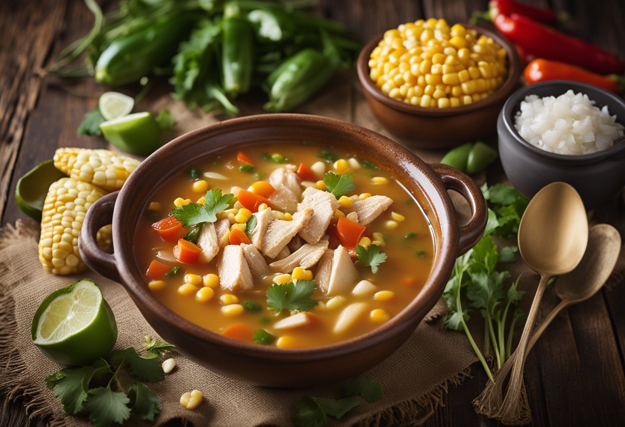 A steaming pot of Southwestern chicken soup sits on a rustic wooden table, surrounded by colorful ingredients like corn, beans, and peppers