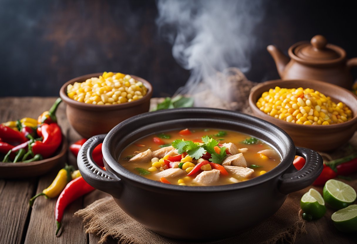 A steaming pot of Southwestern chicken soup sits on a rustic wooden table, surrounded by colorful chili peppers, corn, and beans. A traditional clay bowl is filled to the brim with the rich, flavorful broth and chunks of tender chicken