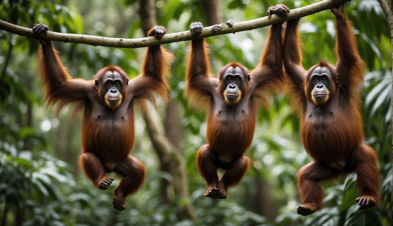 Orangutans swing effortlessly through the lush jungle canopy, using their long arms to reach for branches and vines, showcasing their mastery of the treetops