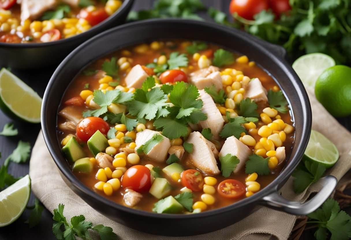 A pot simmering with chicken, corn, beans, and tomatoes. Bowls of cilantro, lime, and avocado on the side. Ingredients for Southwestern Chicken Soup
