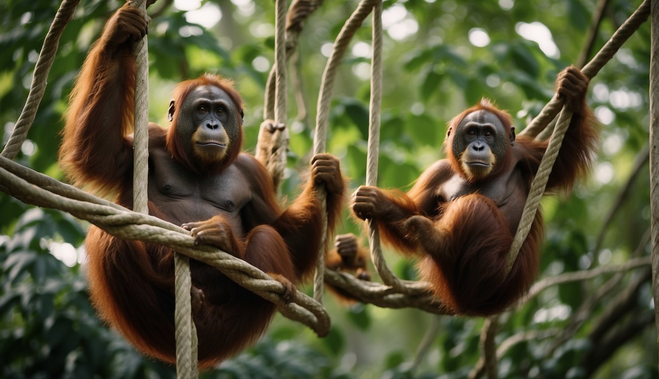Orangutans swing effortlessly through the lush treetops, using the jungle gym of branches and vines as their playground.

The majestic creatures display their strength and agility as they navigate the dense foliage