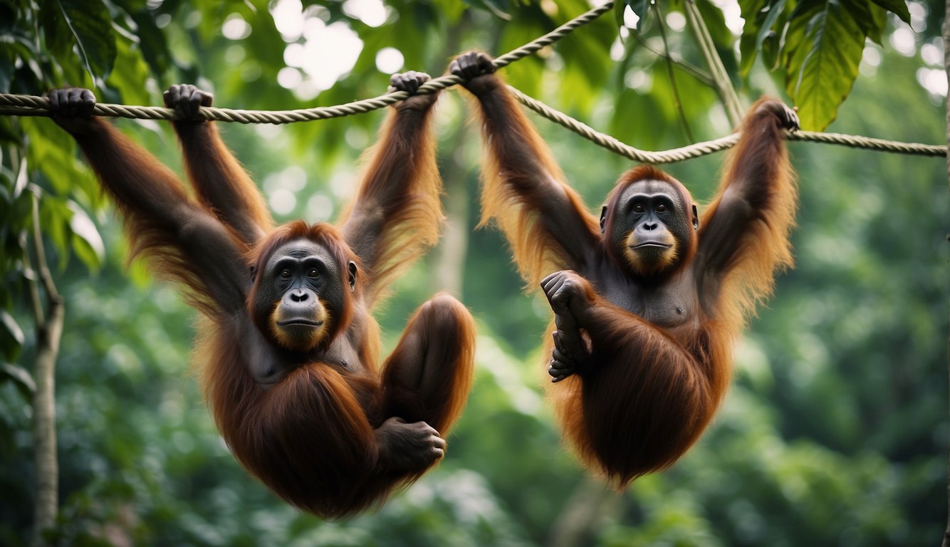 Orangutans swing effortlessly through the lush jungle canopy, using their long arms to navigate the treetops with grace and agility.

The dense foliage provides the perfect playground for these masters of the jungle gym