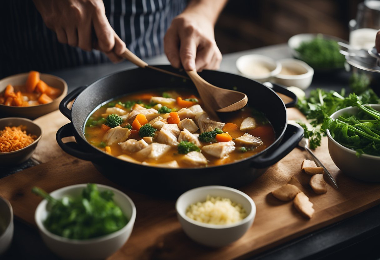 A chef chopping vegetables, simmering chicken in a pot, adding spices, and stirring a bubbling southwestern chicken soup on a stovetop