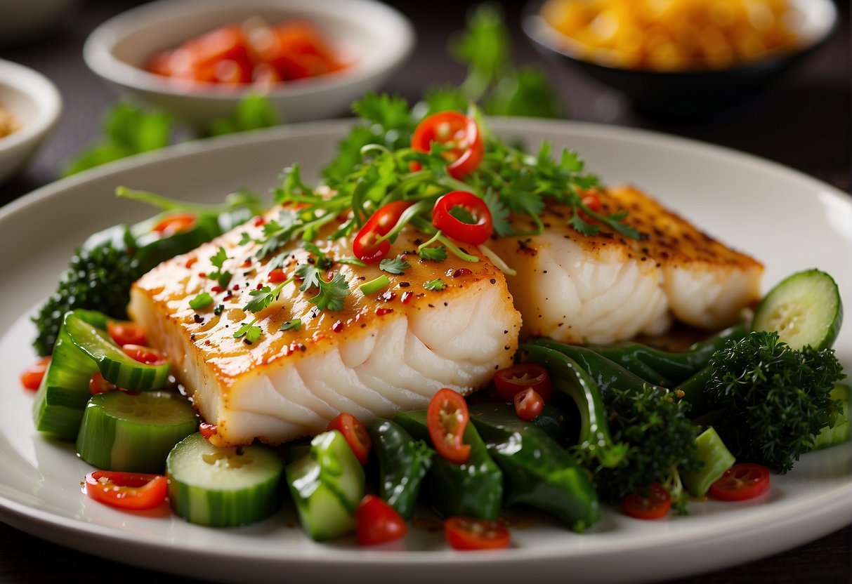 A platter of golden-brown baked cod fish surrounded by vibrant green vegetables, garnished with sliced red chili peppers and drizzled with a savory soy-based sauce