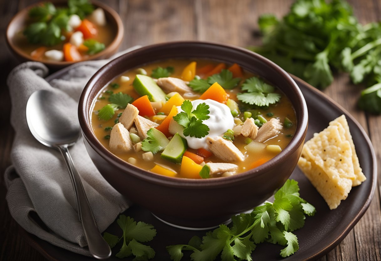A steaming bowl of Southwestern chicken soup surrounded by colorful vegetables and garnished with cilantro and a dollop of sour cream