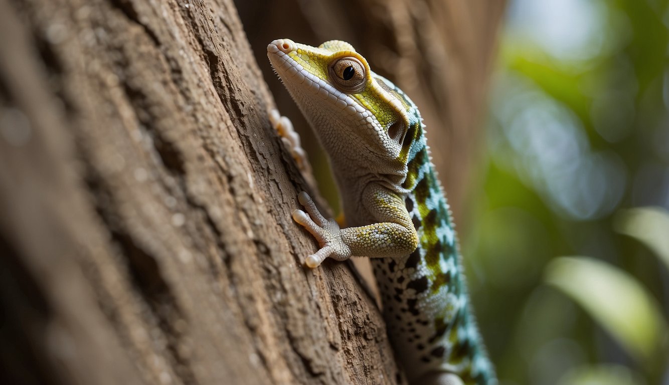 A gecko effortlessly scales a vertical surface using its sticky feet, mimicking nature's design for climbing