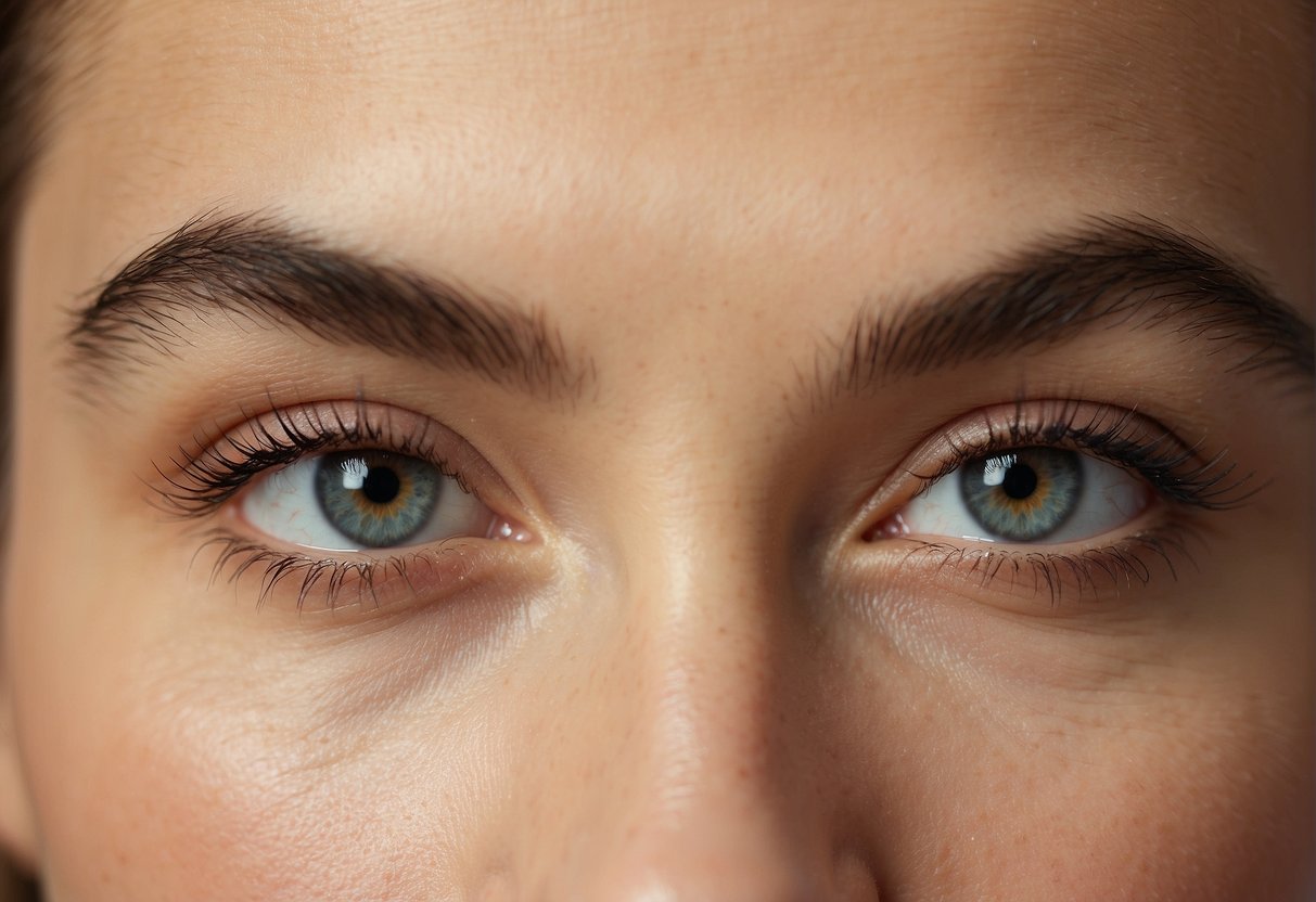 A close-up of perfectly shaped eyebrows with clean, defined edges and a natural arch. The brows are symmetrical and well-groomed, with no stray hairs