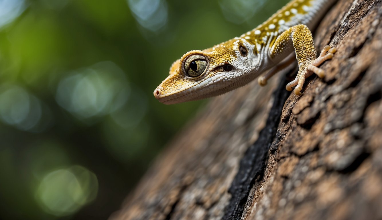 A gecko scales a vertical surface, its sticky feet clinging to the rough texture.

Its body is tense and focused as it navigates the challenging terrain