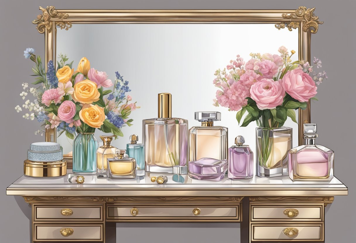 A hand reaches for a mirror, surrounded by a collection of elegant perfume bottles, jewelry boxes, and a vase of fresh flowers on a chic vanity table